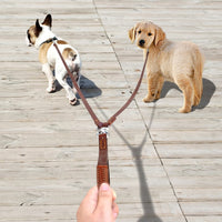 HKM-7678269 Double Handle Leather Dog Leash for Two Dogs - Tangle-Free, Hands-Free Control in Black or Brown