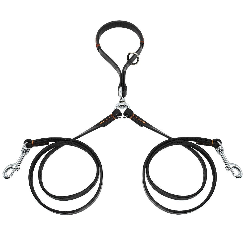 HKM-7678269 Double Handle Leather Dog Leash for Two Dogs - Tangle-Free, Hands-Free Control in Black or Brown