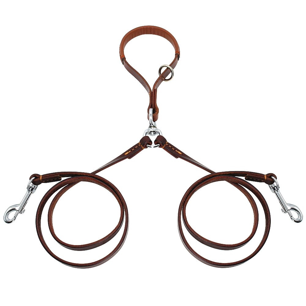 HKM-7678269 Double Handle Leather Dog Leash for Two Dogs - Tangle-Free, Hands-Free Control in Black or Brown