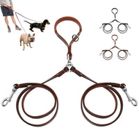 HKM-7678269 Double Handle Leather Dog Leash for Two Dogs - Tangle-Free, Hands-Free Control in Black or Brown
