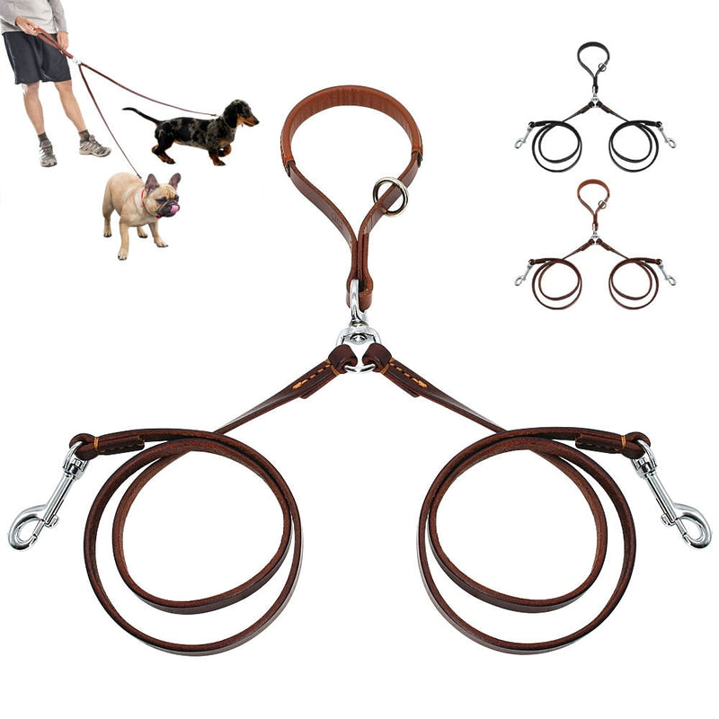HKM-7678269 Double Handle Leather Dog Leash for Two Dogs - Tangle-Free, Hands-Free Control in Black or Brown