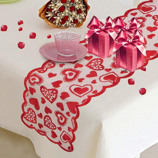 HKM-768019 Lace Heart Table Runner for Valentine's Day Decorations, 13 x 72 Inches, Ideal for Weddings and Parties