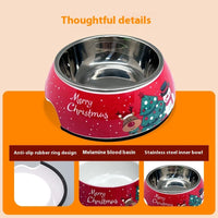 HKM-7680445 Stainless Steel Double Layer Pet Bowl for Dogs and Cats, Melamine Design, Multiple Sizes Available
