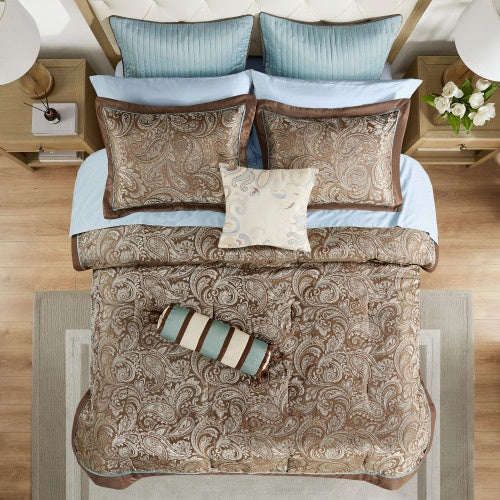 HKM-768275 12 Piece Full Comforter Set with Cotton Bed Sheets in Blue and Brown, Paisley Pattern