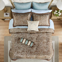 HKM-768275 12 Piece Full Comforter Set with Cotton Bed Sheets in Blue and Brown, Paisley Pattern