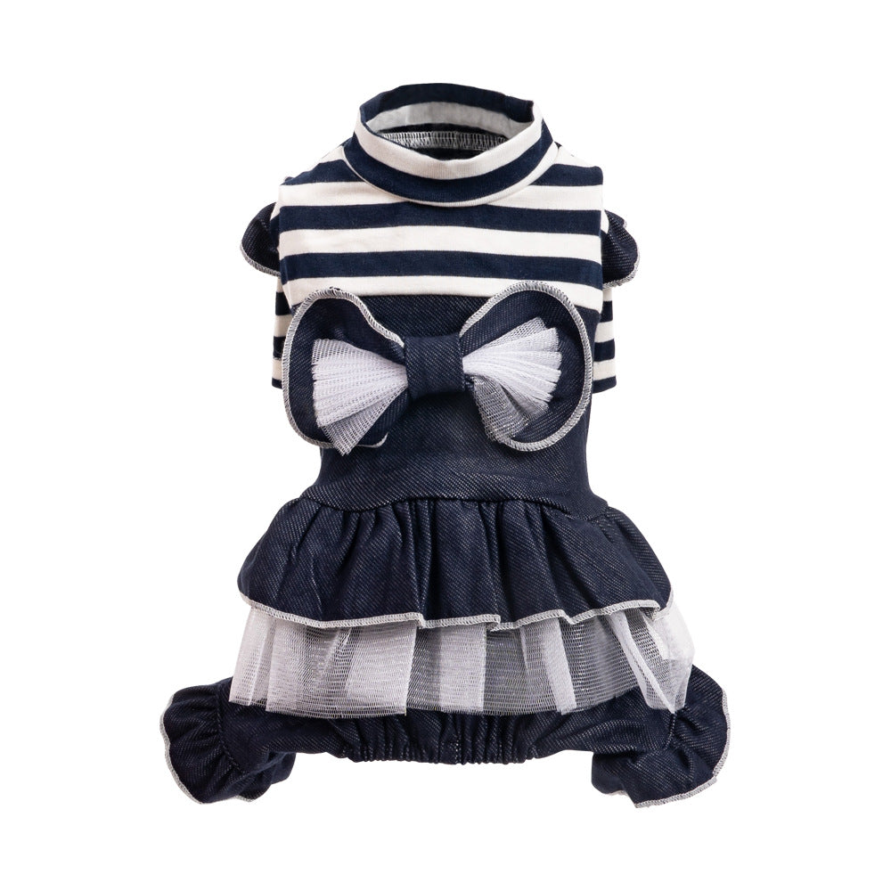 HKM-7684797 Denim Bow Princess Mesh Pettiskirt for Pets - Available in Dots and Stripes Design