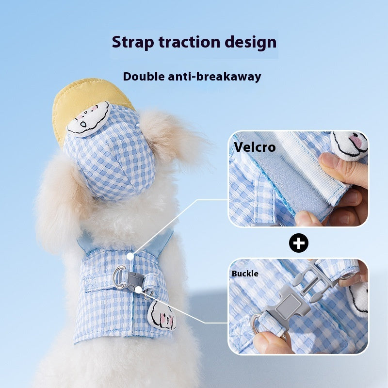 HKM-7689661 Outdoor Sunshade Hat and Chest Strap with Hand Holding Rope for Dogs and Cats - Available in Blue and Brown