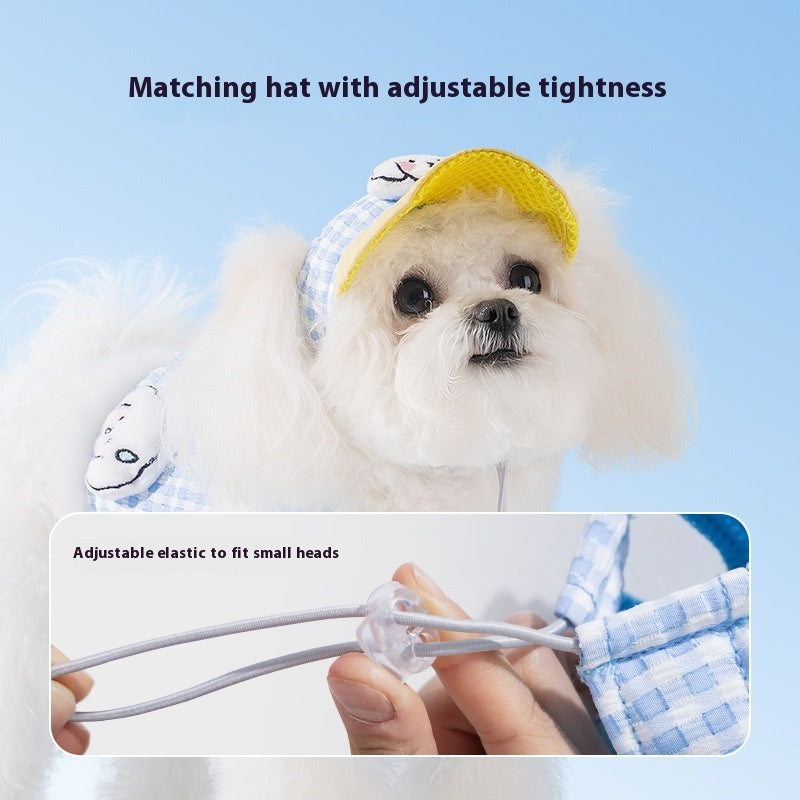 HKM-7689661 Outdoor Sunshade Hat and Chest Strap with Hand Holding Rope for Dogs and Cats - Available in Blue and Brown