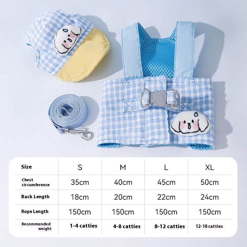 HKM-7689661 Outdoor Sunshade Hat and Chest Strap with Hand Holding Rope for Dogs and Cats - Available in Blue and Brown