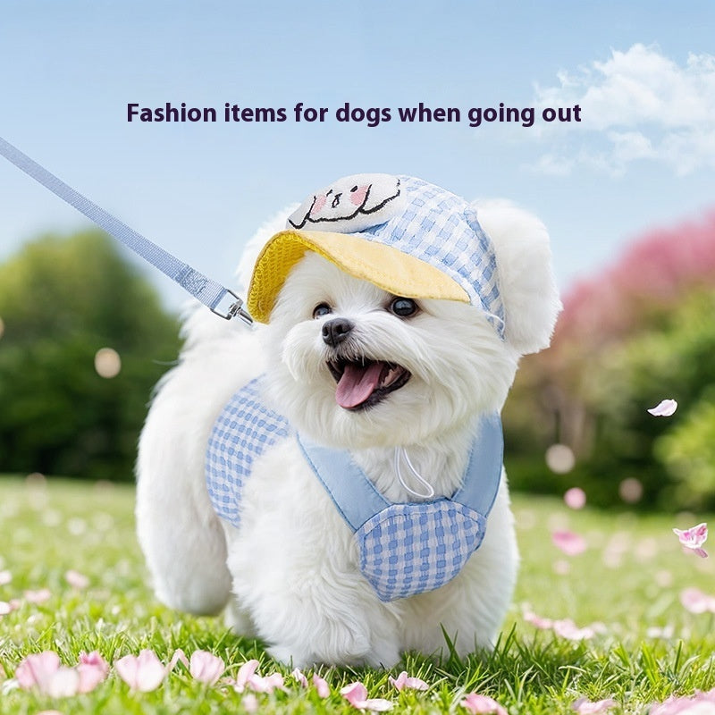 HKM-7689661 Outdoor Sunshade Hat and Chest Strap with Hand Holding Rope for Dogs and Cats - Available in Blue and Brown