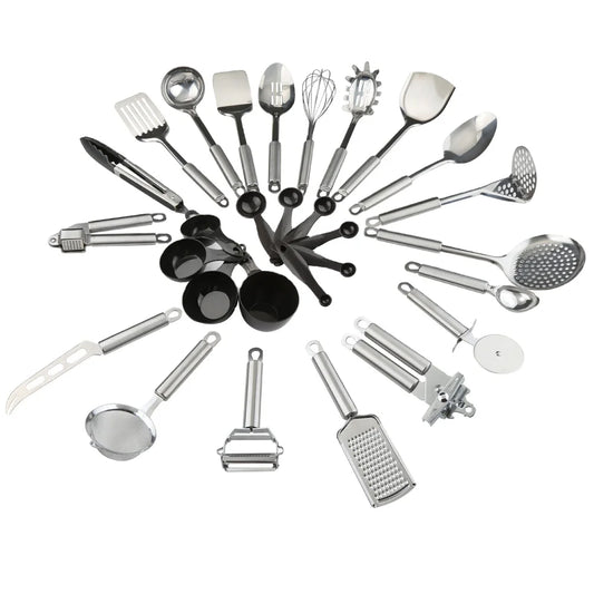HKM-768979 29-Piece Stainless Steel Kitchen Utensil Set with Plastic Measuring Cups and Spoons
