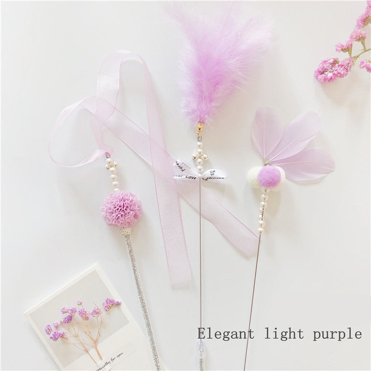 HKM-7690813 Elegant Purple and Peach Flannel Cat Wand T oy with 100cm Yarn Belt