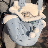 HKM-7692221 Portable Winter Travel Cat Chest Bag in Plush Flannel for Pets Up to 10 lbs - Available in Blue and Pink