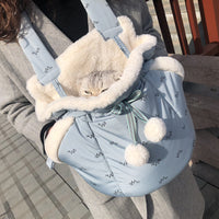 HKM-7692221 Portable Winter Travel Cat Chest Bag in Plush Flannel for Pets Up to 10 lbs - Available in Blue and Pink