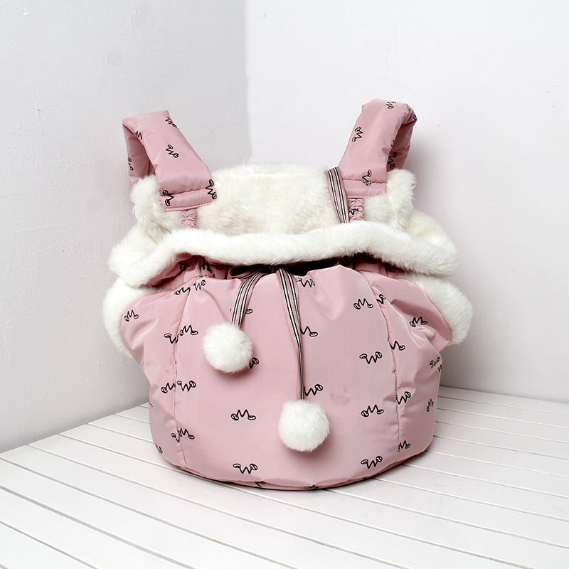 HKM-7692221 Portable Winter Travel Cat Chest Bag in Plush Flannel for Pets Up to 10 lbs - Available in Blue and Pink