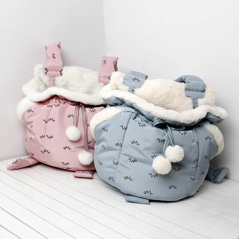 HKM-7692221 Portable Winter Travel Cat Chest Bag in Plush Flannel for Pets Up to 10 lbs - Available in Blue and Pink