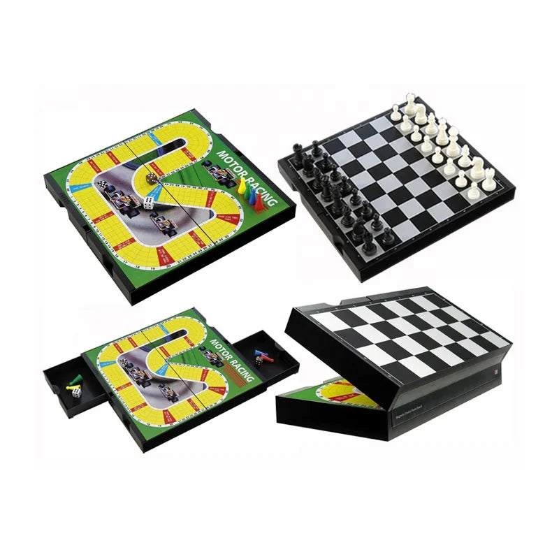 HKM-769235 Foldable Magnetic Chess Board Set for Motorcycle Racing Enthusiasts - Travel-Friendly Design