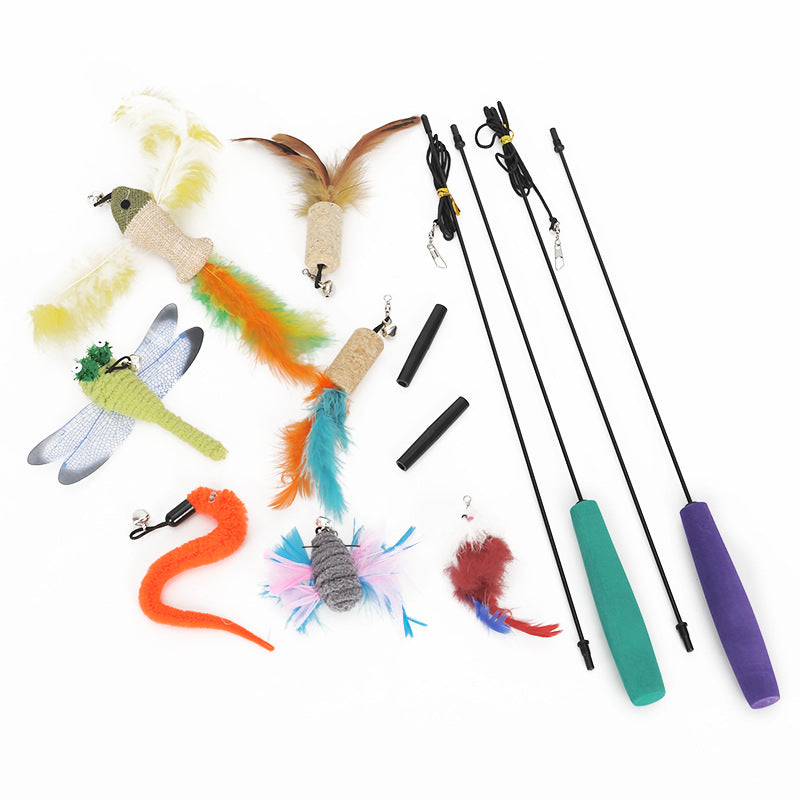 HKM-7696573 Cat Play Stick with Long Feathered Toy and Biting Rope - 41CM Rod