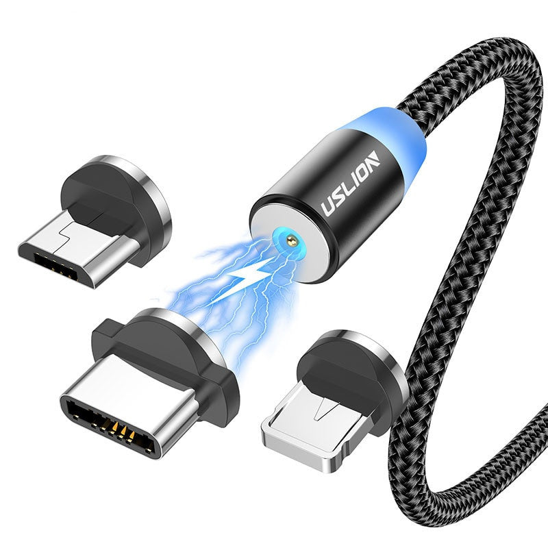 HKM-769811 Three-in-One Magnetic USB Data Cable - 8PIN, Micro USB, Type-C - 1m & 2m Lengths - Black, Red, Gold, Silver Options