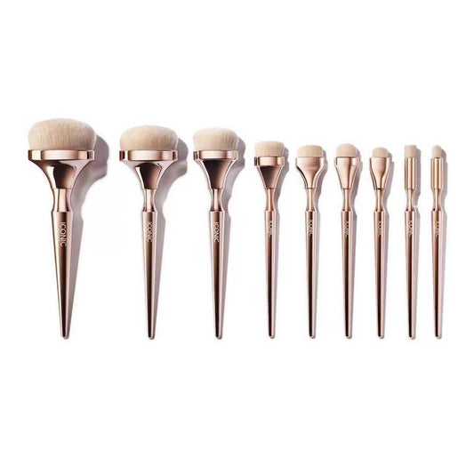 HKM-770643 Golden Makeup Brush Set - 9 Nylon Brushes with Long Plastic Handles, 17.5CM Total Length