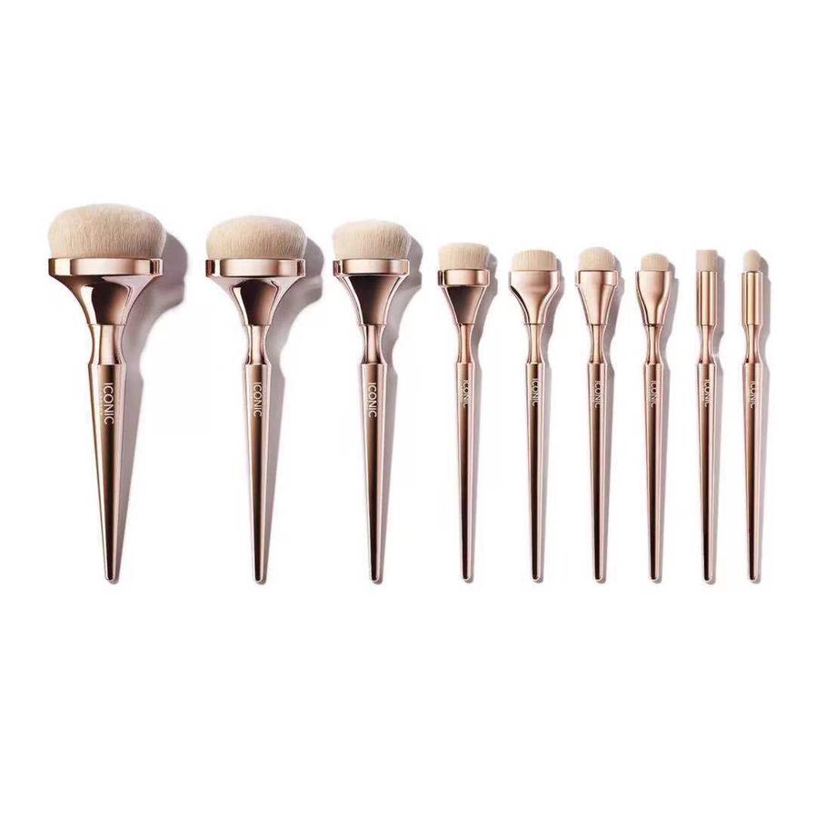 HKM-770643 Golden Makeup Brush Set - 9 Nylon Brushes with Long Plastic Handles, 17.5CM Total Length