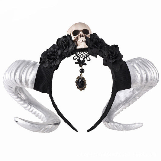 HKM-771155 Black Flower and Skull Headband with Sheep Horn Veil Decoration