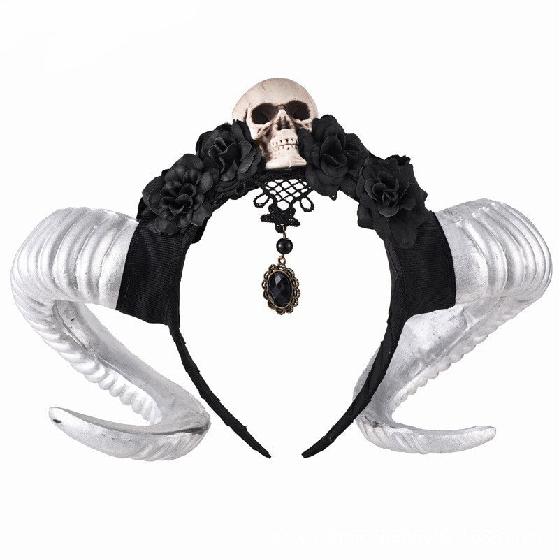 HKM-771155 Black Flower and Skull Headband with Sheep Horn Veil Decoration