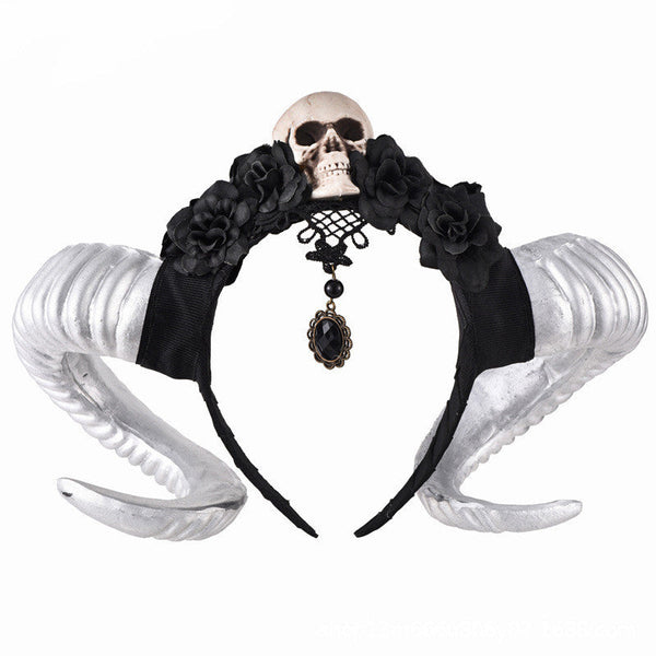 HKM-771155 Black Flower and Skull Headband with Sheep Horn Veil Decoration