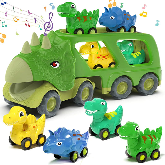 HKM-771219 Dinosaur Transport Carrier Truck Toy Set with Pull Back Dino Cars for Kids