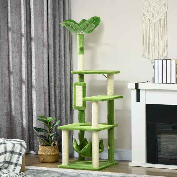 HKM-7712701 Multifunctional Indoor Cat Tower with Hammock and Scratching Posts in Green