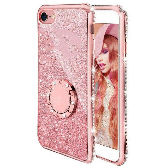 HKM-771667 Glitter Card Edge Drill Mobile Phone Case with Ring and Bracket for Various iPhone Models