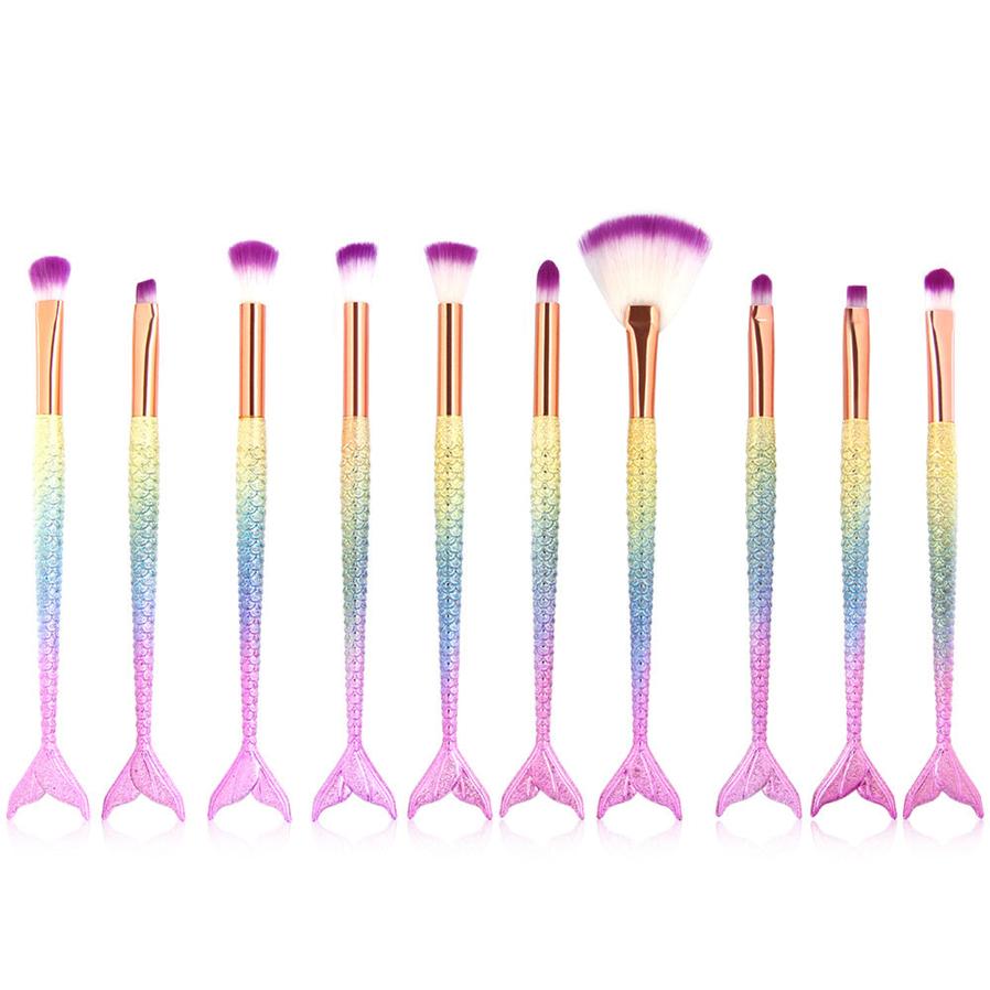 HKM-771795 Colorful Mermaid Makeup Brush Set with 10 Nylon Brushes for Eye Makeup