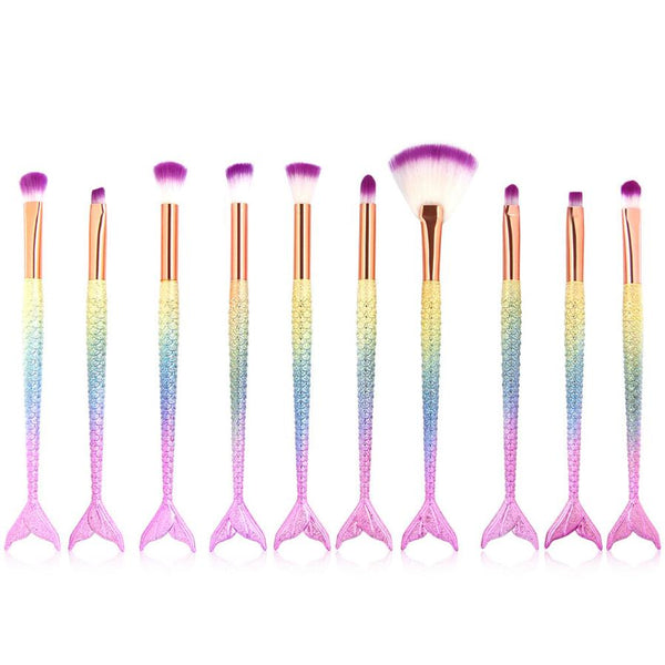 HKM-771795 Colorful Mermaid Makeup Brush Set with 10 Nylon Brushes for Eye Makeup