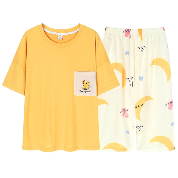 HKM-772115 Cartoon Women Pajamas Set Cotton Soft Sleepwear Pjs Short Sleeve Nightwear With Seven-point Pants