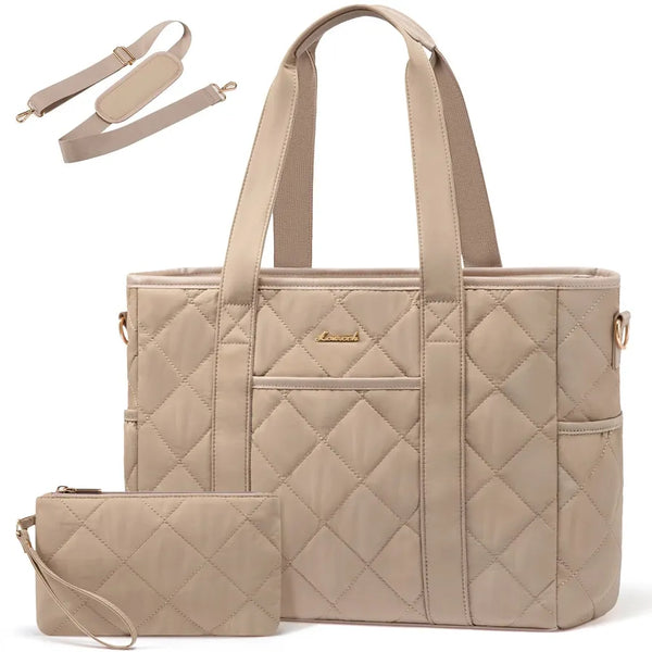 HKM-772115 Quilted Puffer 15.6 Inch Laptop Tote Handbag Set for Women - Lightweight Shoulder Bag with Storage Compartments