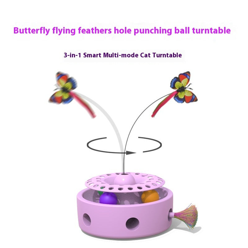 HKM-7729341 Three-in-One Electric Cat Turntable with Flying Feather Toy - Color Options: Pink, Blue, White