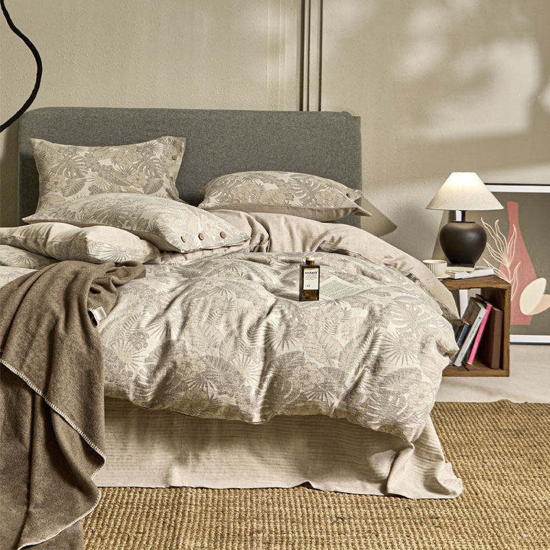 HKM-773715 Floral Pattern Washed Linen Cotton Bedding Set for 1.5m Bed - 4 Pieces