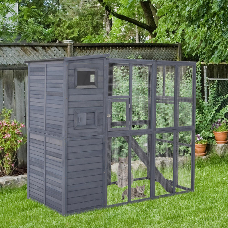 HKM-7738301 Extra Large Outdoor Cat House with Four Stories, Ramps, and Windows for Climbing Cats