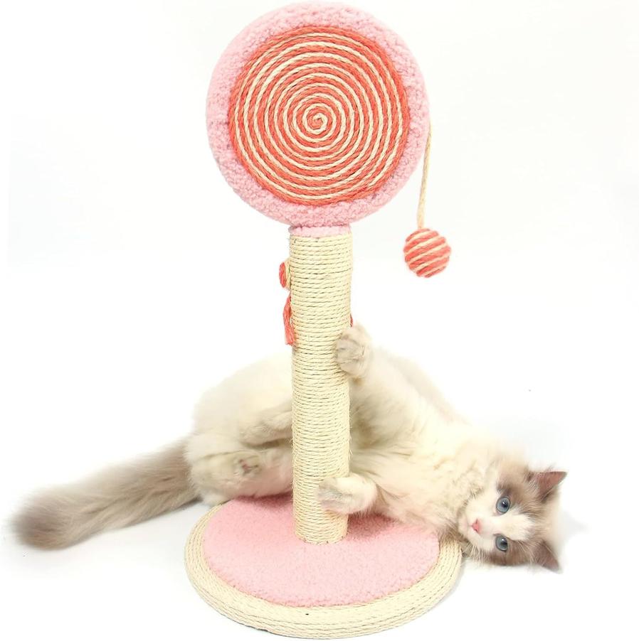 HKM-773907 Indoor Cat Scratching Post with Hanging Ball - Sturdy and Stable Base for Small and Large Cats