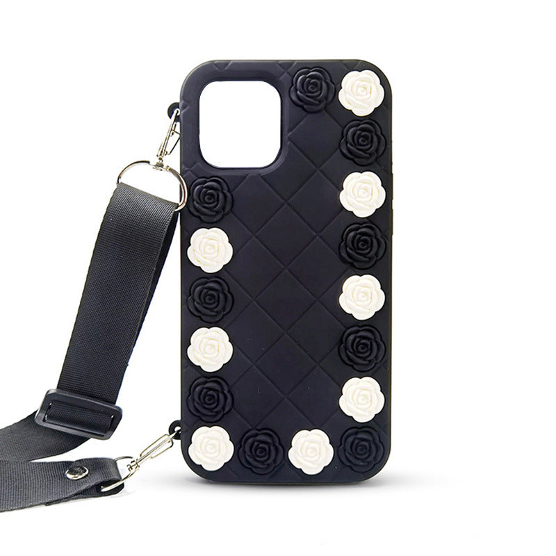 HKM-773971 Three-Dimensional Rose Camellia Silicone Soft Shell Phone Case for iPhone Models with Lanyard