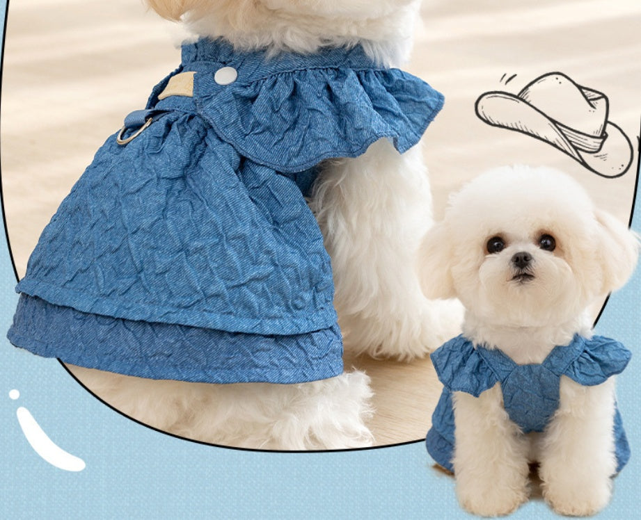 HKM-7744573 Classic Denim Pet Dresses for Small Dogs and Cats - Lightweight Summer Styles in Bundy Blue