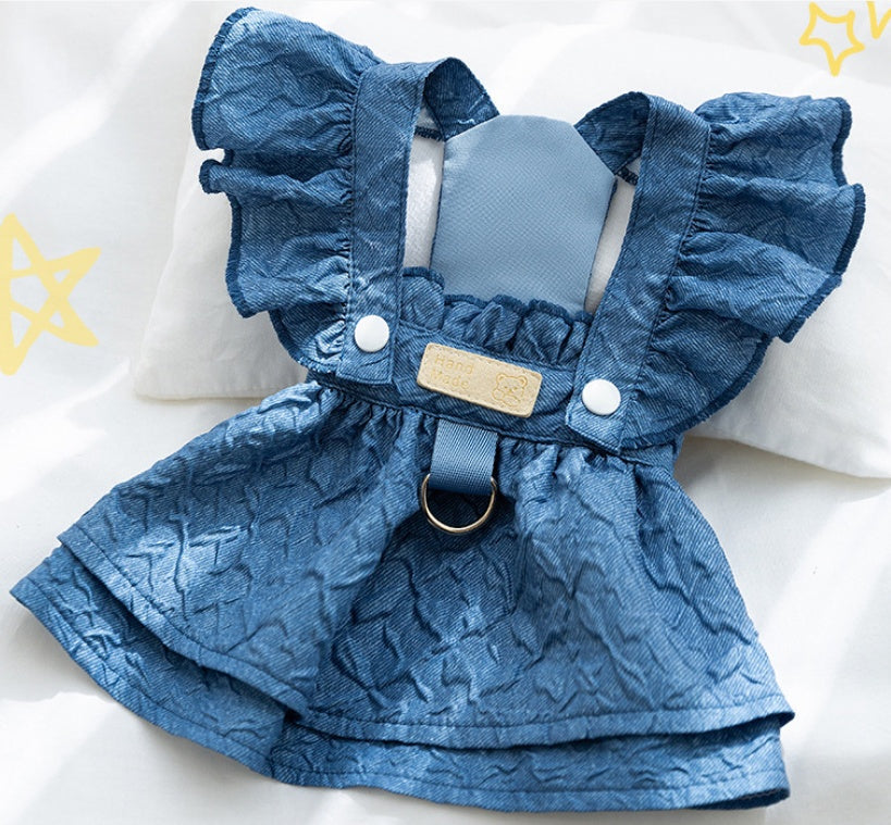 HKM-7744573 Classic Denim Pet Dresses for Small Dogs and Cats - Lightweight Summer Styles in Bundy Blue