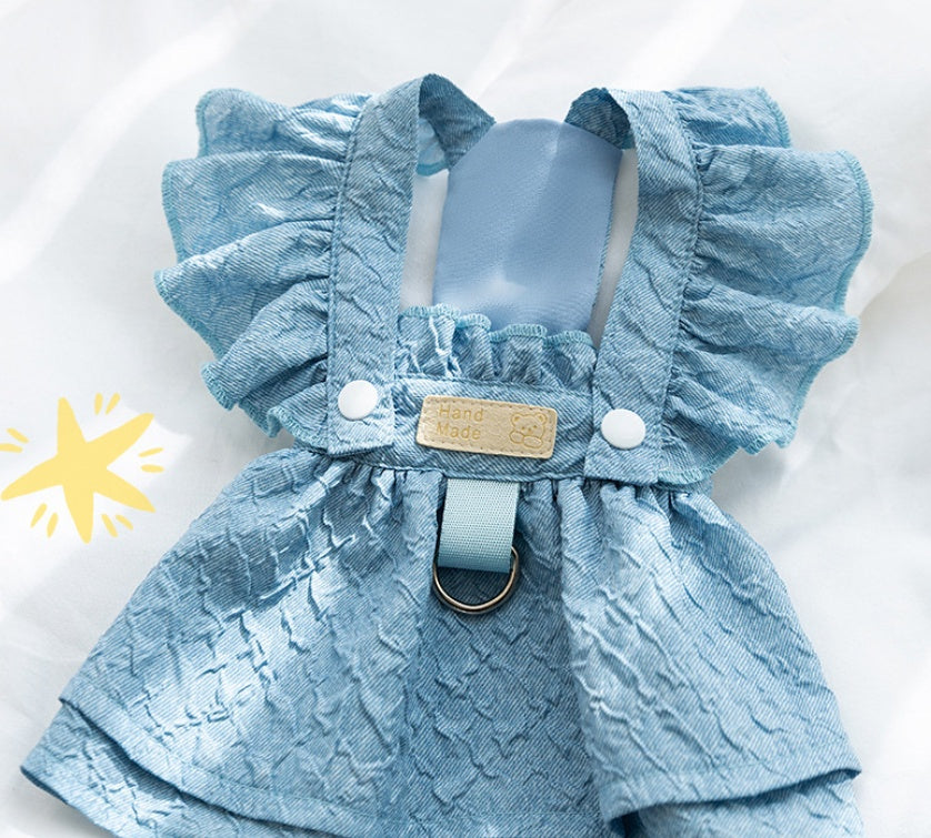 HKM-7744573 Classic Denim Pet Dresses for Small Dogs and Cats - Lightweight Summer Styles in Bundy Blue