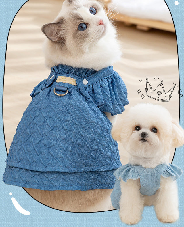 HKM-7744573 Classic Denim Pet Dresses for Small Dogs and Cats - Lightweight Summer Styles in Bundy Blue