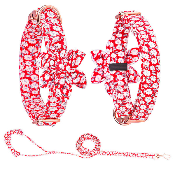 HKM-7745853 Customizable Pure Cotton Pet Collar and Leash Set in Various Floral Patterns