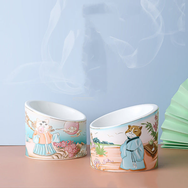 HKM-7745981 Ceramic Cat Bowl with High Legs and Oblique Mouth Design, Double Bowl Set