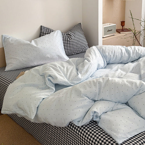 HKM-774675 Washed Cotton Contrast Color Bed Set - Four-Piece Simple Style Bedding for Various Bed Sizes