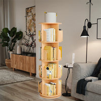 HKM-774739 Solid Wood 360° Rotating Bookshelf Tower - Bamboo Multi-Shelf Storage Solution