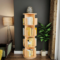 HKM-774739 Solid Wood 360° Rotating Bookshelf Tower - Bamboo Multi-Shelf Storage Solution