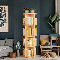 HKM-774739 Solid Wood 360° Rotating Bookshelf Tower - Bamboo Multi-Shelf Storage Solution